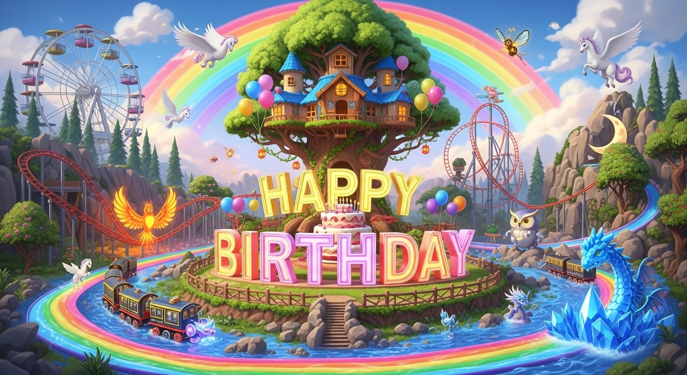 Interactive kids rides like the Phoenix Firelight Coaster and Forest Griffin Sky Wheel surrounded by magical creatures for a 6th birthday celebration