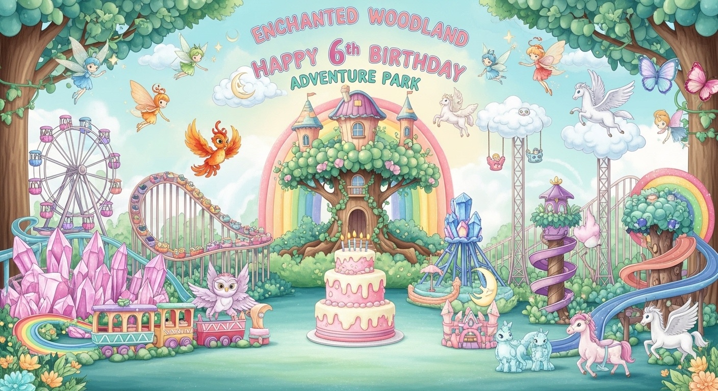 Moon Owl Adventure Train Rainbow Serpent River Ride and Pegasus Cloud Swing Tower in whimsical kids birthday forest adventure