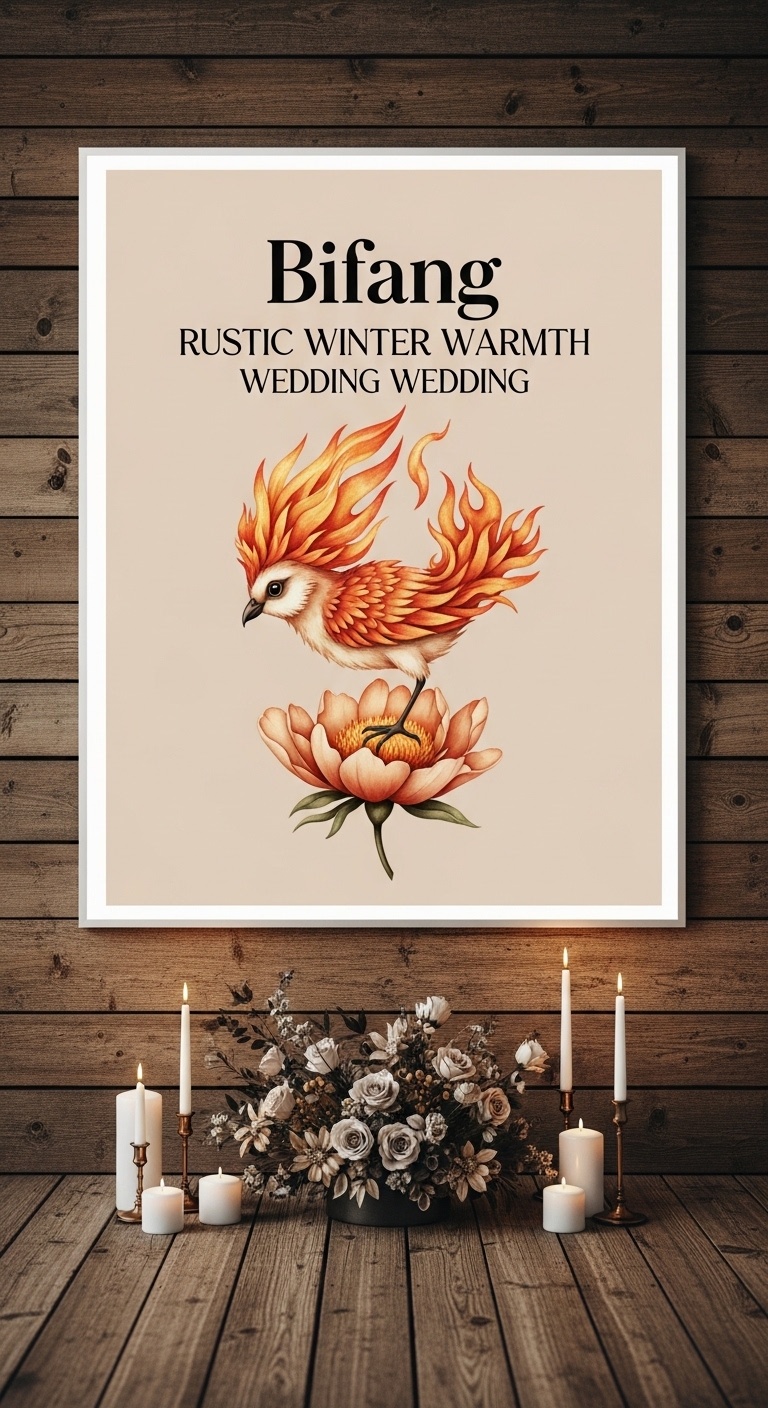 Large-Scale Bifang Poster with Flame-Textured Feathers — Rustic Winter Wedding Decoration