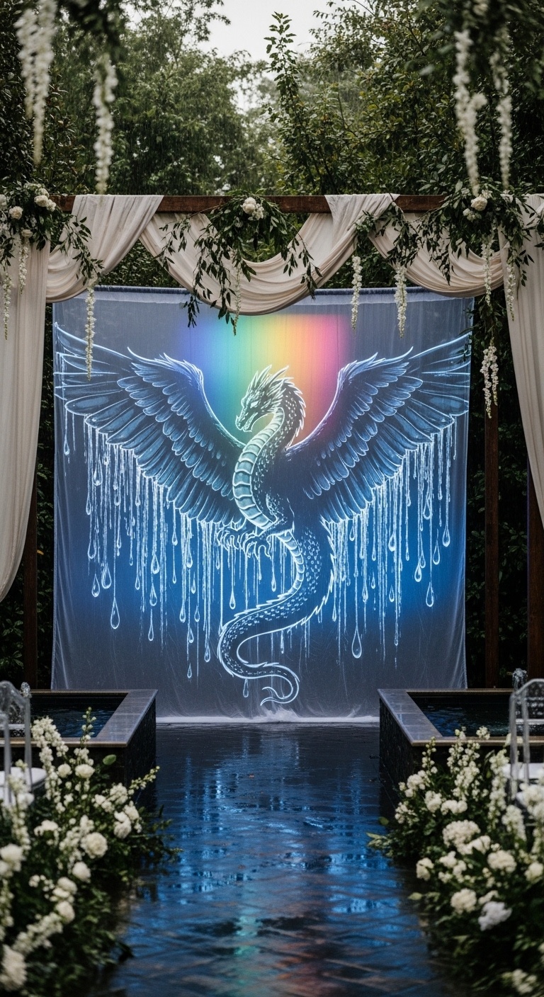 Large-Scale Rain Dragon Wedding Backdrop – Boho Garden Ceremony for Adaptive Outdoor Spaces