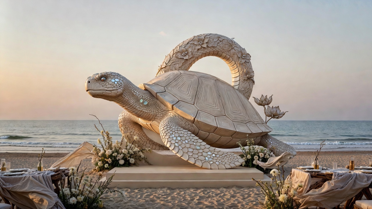 Large-Scale Xuanwu Unity Art Coastal Wedding Backdrop – Refined Inspiration for Modern Couples