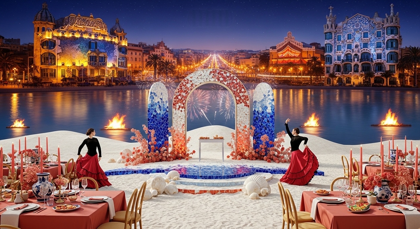 Las Ramblas Lights & Coastal Fireworks Wedding Photography Background