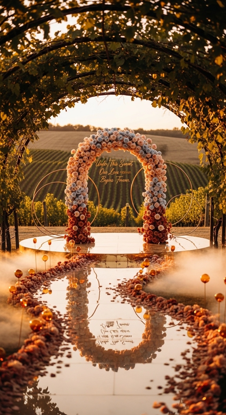 Long shot of vineyard rows at golden hour, floating floral rings visible behind the arch and soft mist near the stage