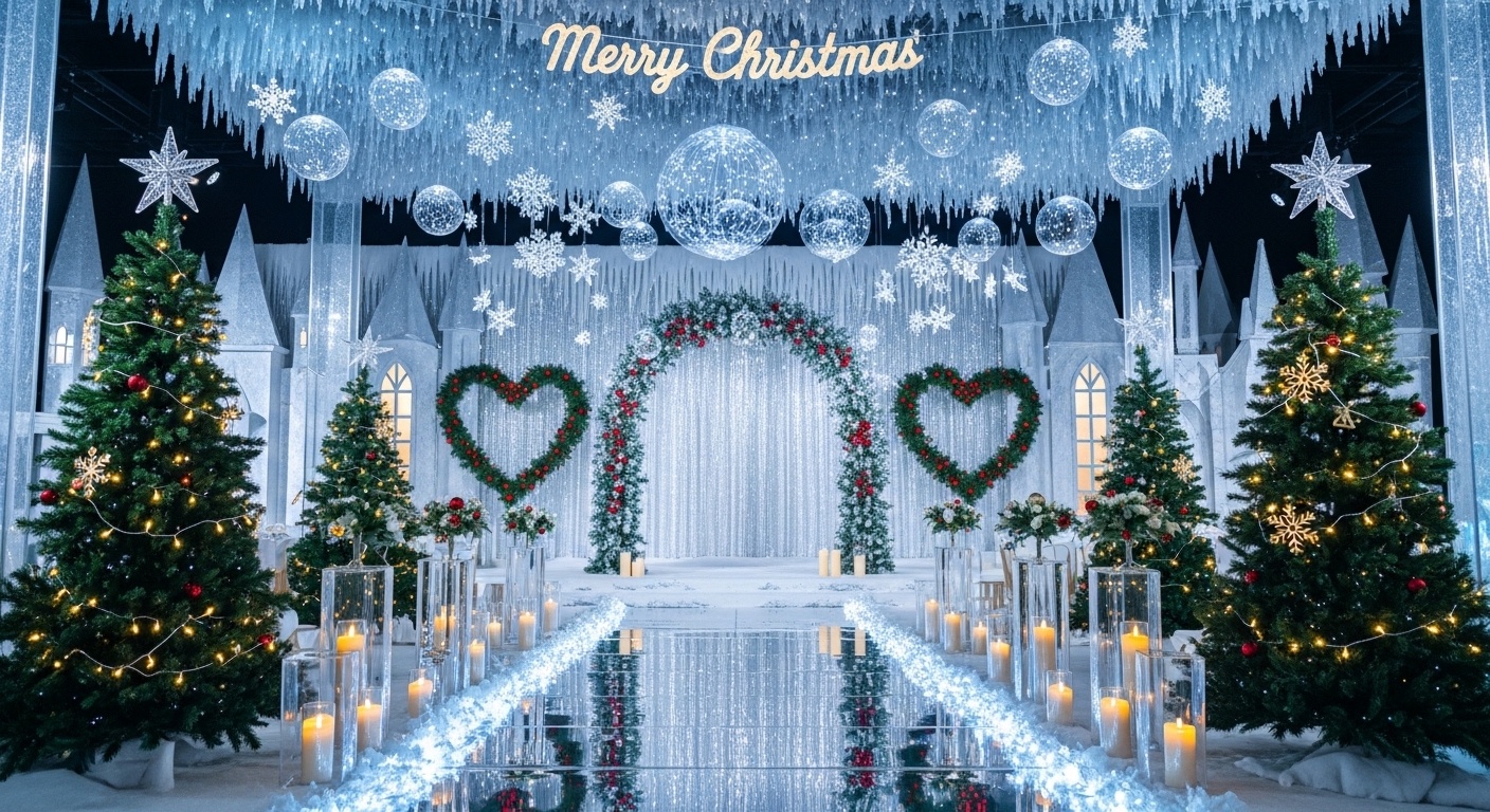 Luminescent frost pine arch with hanging crystal snow orb chandelier over mirrored ice aisle