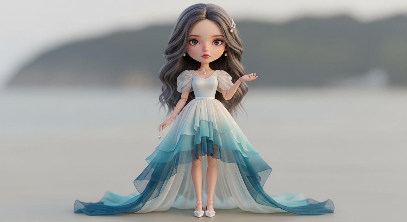 Luminous soft light wraps around a Pisces‑inspired 3D bridal doll with flowing water‑toned skirt, delicate facial expression, and quiet romantic posture for woodland wedding display