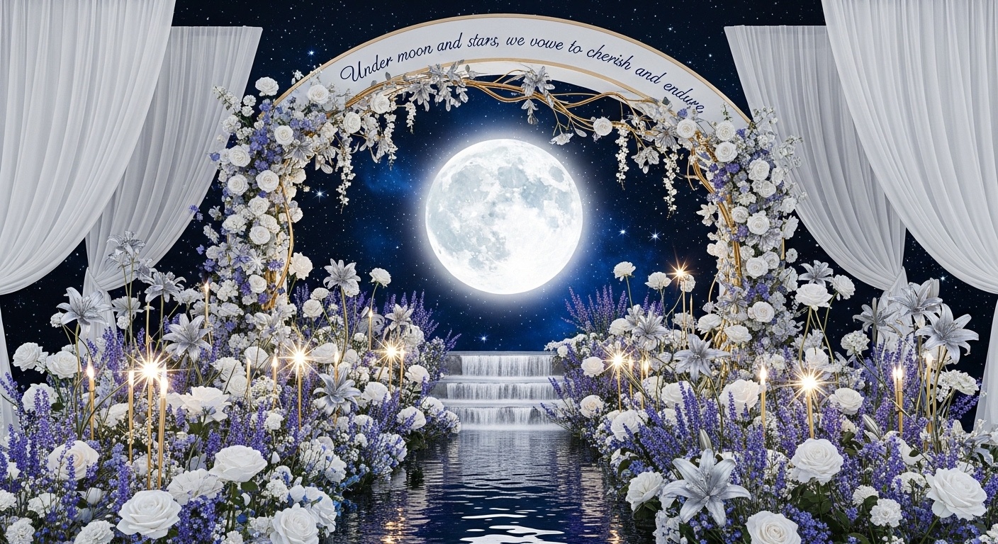 A glowing 5-meter moon installation surrounded by soft white and silver flowers, casting a gentle light over a lush garden, complete with a reflective waterfall and starry LED lights. The moonlight creates a dreamy and ethereal atmosphere for wedding vows.