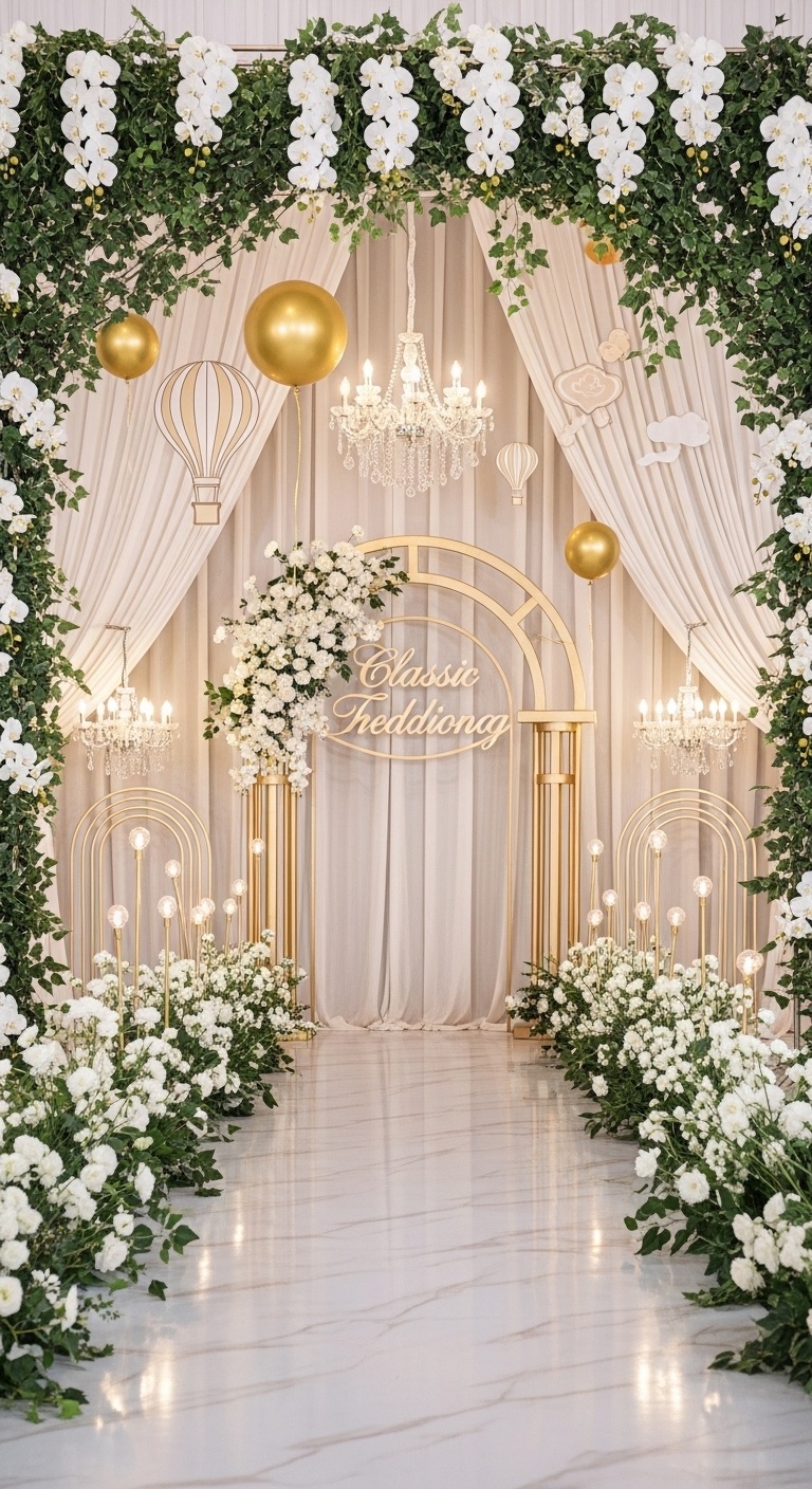 Classic European estate-inspired wedding banner background featuring ivory silk drapery, floral columns of roses and lilies, reflective marble floor, and wedding-themed hot air balloon decor for elegant spring 2026 wedding ideas.
