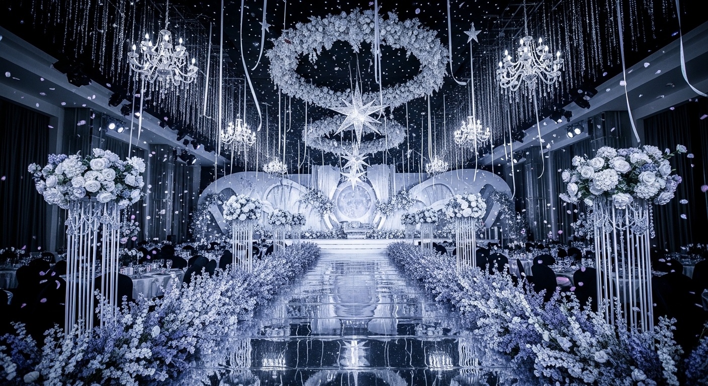 Twilight-to-moonlit transition lighting over crystal palace ceiling, floating ribbons and transparent orbs, mirrored floors for depth, perfect for evening wedding photography