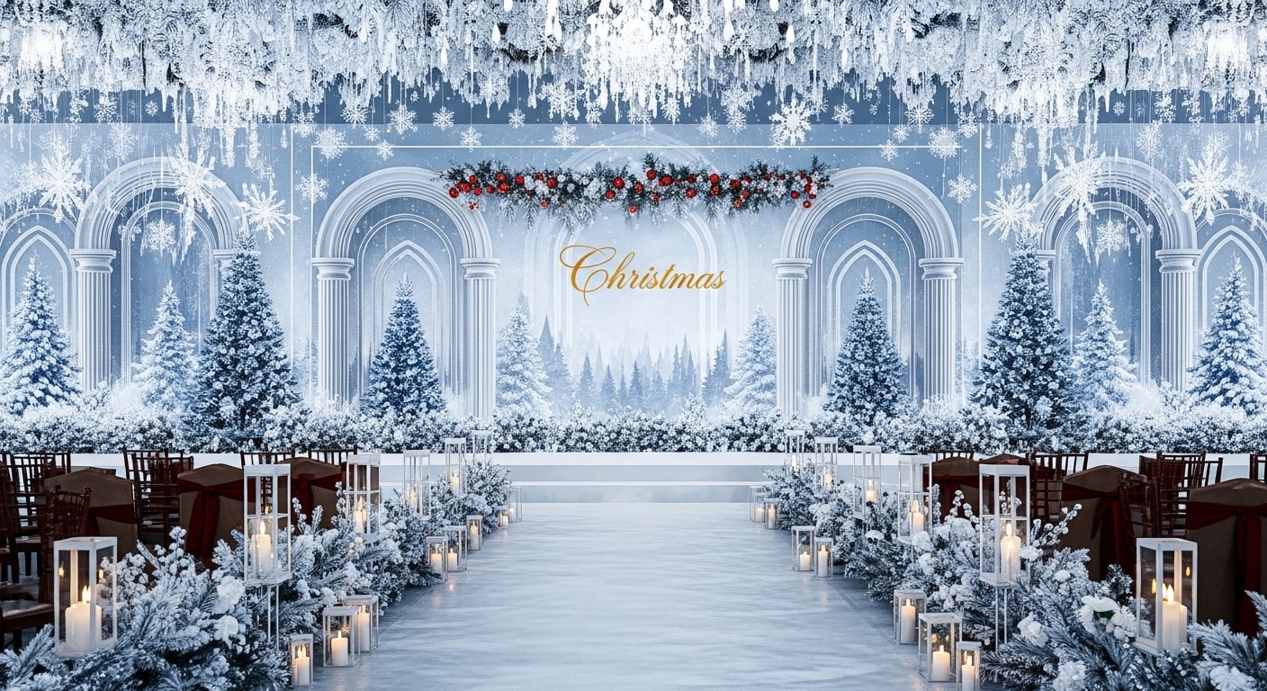 Luxury Winter Palace Christmas Wedding Backdrop – Snowy Pine Arch & Golden Snowflake Wall for Elegant Wedding Ideas