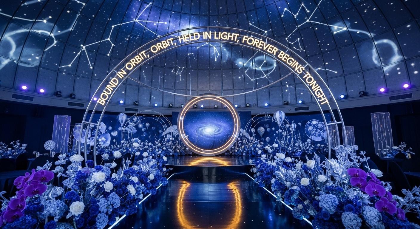 Luxury galaxy wedding decor inside a high-ceiling banquet hall featuring dynamic star projections and warm gold central ring illumination