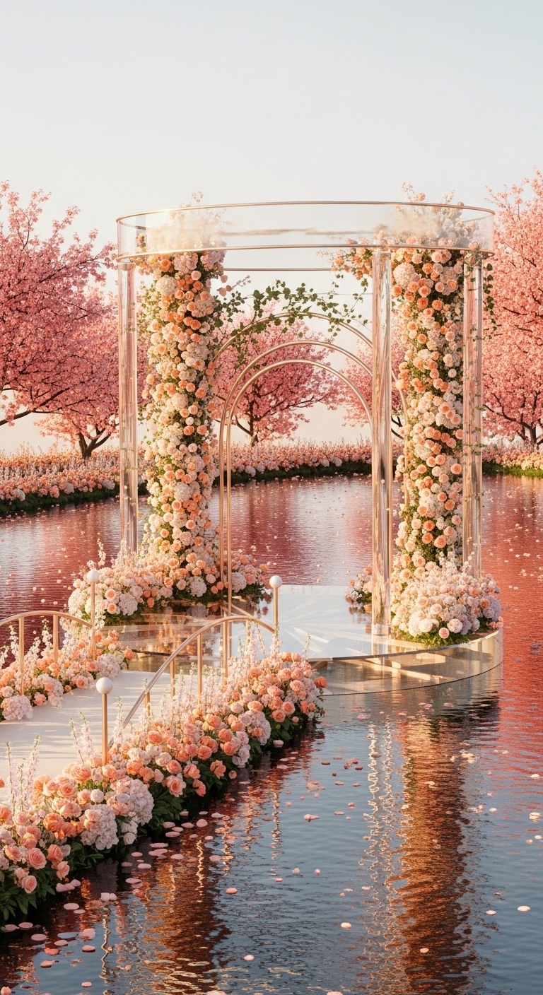 Luxury peach crystal lake wedding backdrop with floating circular ceremony platform, transparent floral wedding arch, and calm reflective water surrounded by blooming spring trees