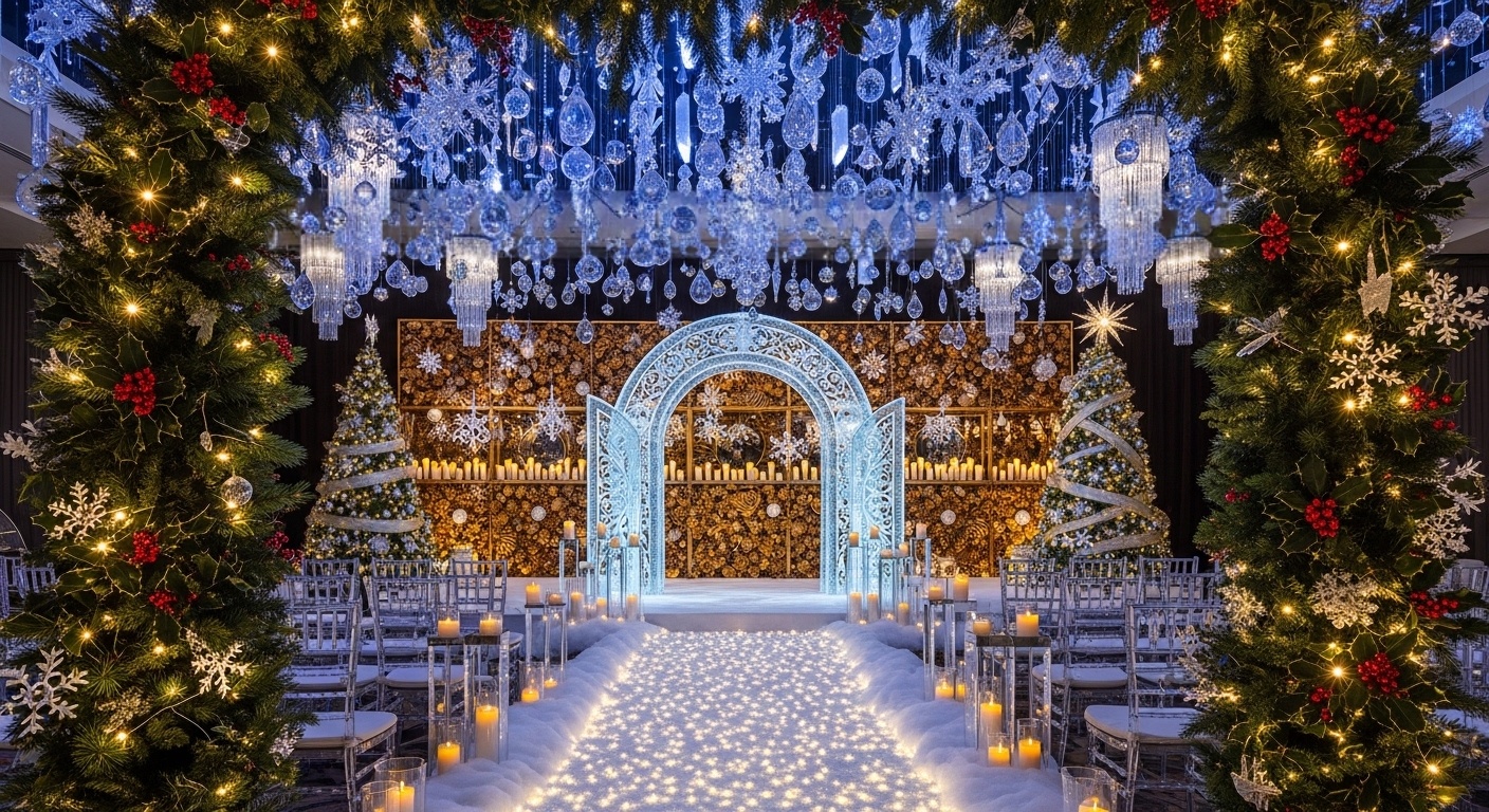 Luxury winter Christmas wedding decoration with golden pine cone wall, sparkling chandeliers, and snow crystal ceiling perfect for holiday wedding photography