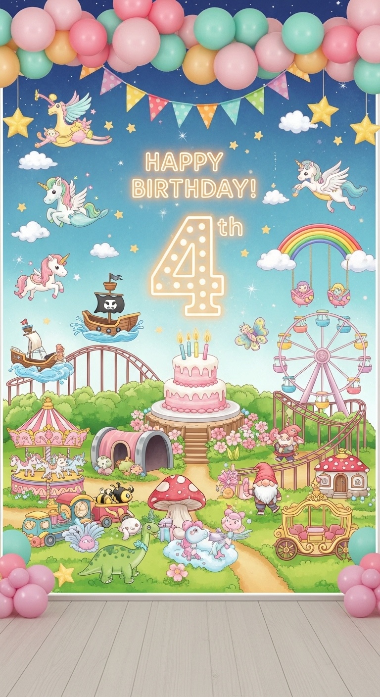 Magical Forest 4th Birthday Backdrop – Giant Number 4 Cake, Fantasy Rides & Family Celebration Photo Spot