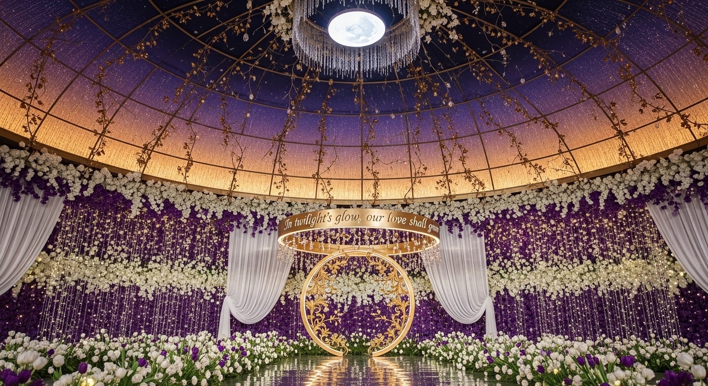 Luxury traditional wedding background with a tall golden arch, sheer silk curtains, and twilight gradient lighting. Lush florals and tiny star lights add magic, ideal for elegant ceremonies and high-end bridal photography