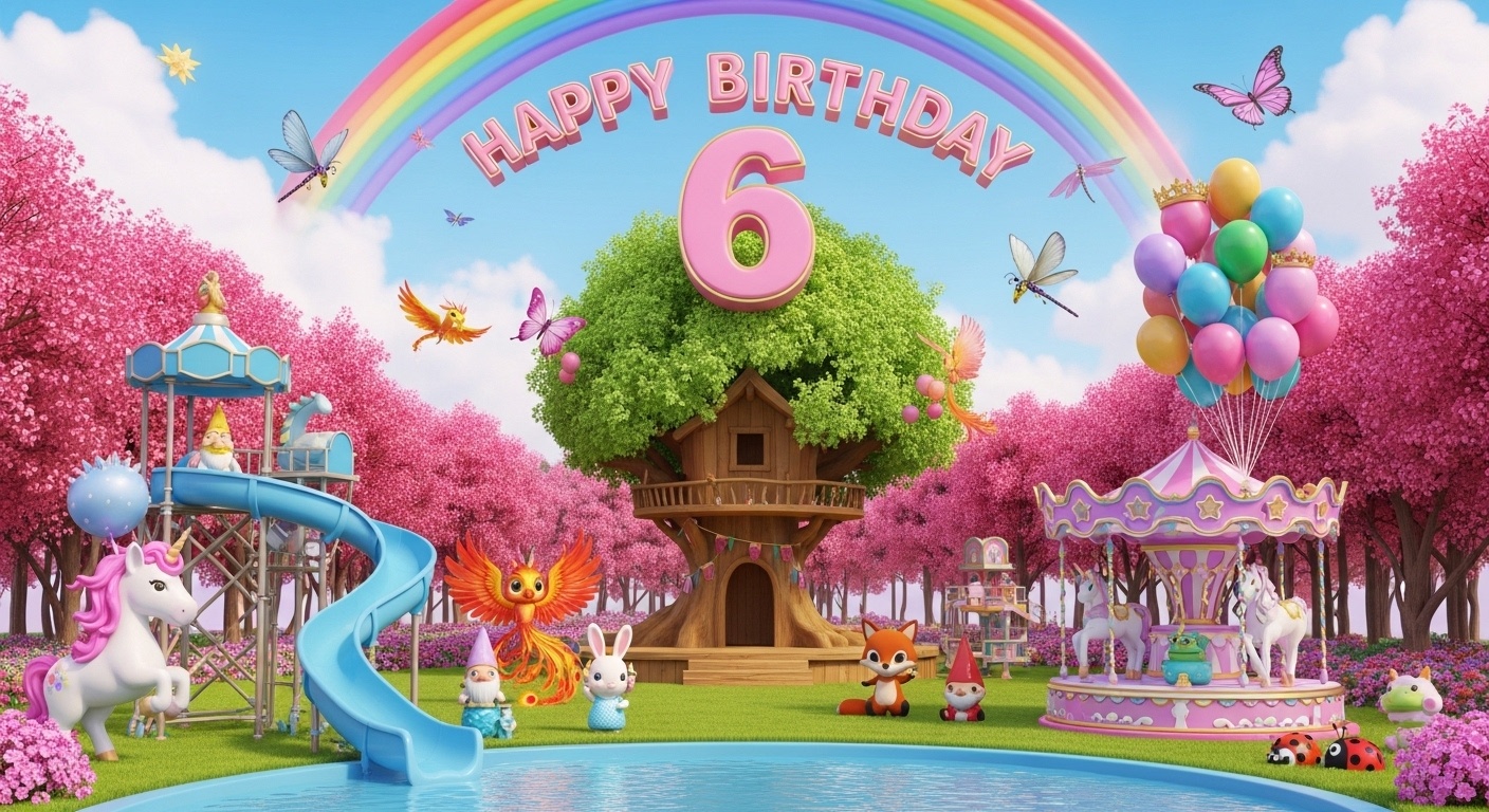 luxury girls birthday photo wall featuring pink dragon spiral slide crystal flower ferris wheel and magical creatures interacting around stage treehouse