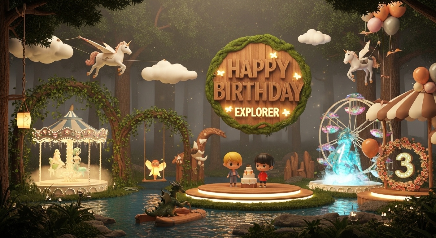 Kids birthday party photo wall in a misty woodland setting with birthday cake illuminated cake stage and fantasy amusement park rides like unicorn sky glider and dragon river run for magical birthday backdrop ideas