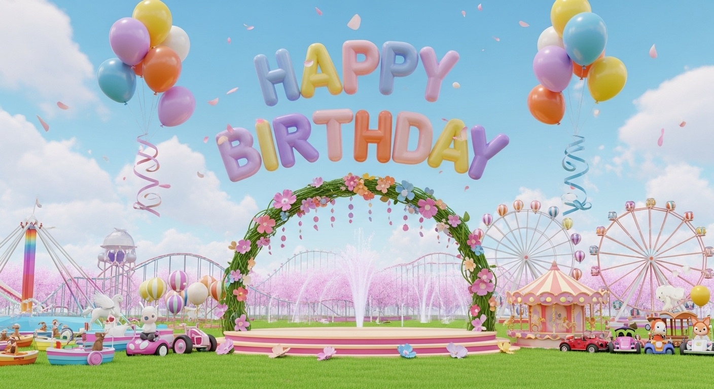 kids birthday fantasy amusement park backdrop with happy 5th birthday floating number five twilight blossom forest birthday kingdom spring 2026 girls photo background for party photography