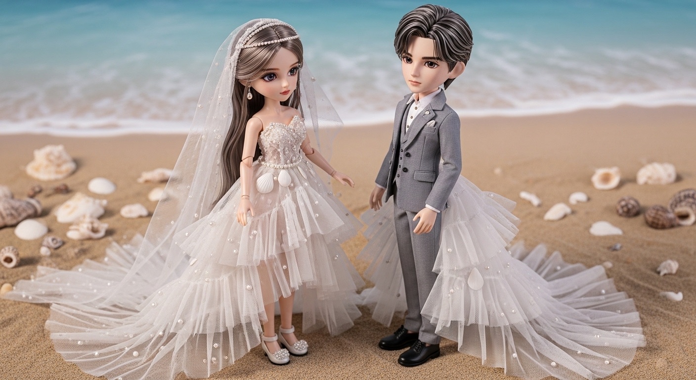 Groom doll in protective stance, grey ensemble subtly structured to complement bride’s luminescence