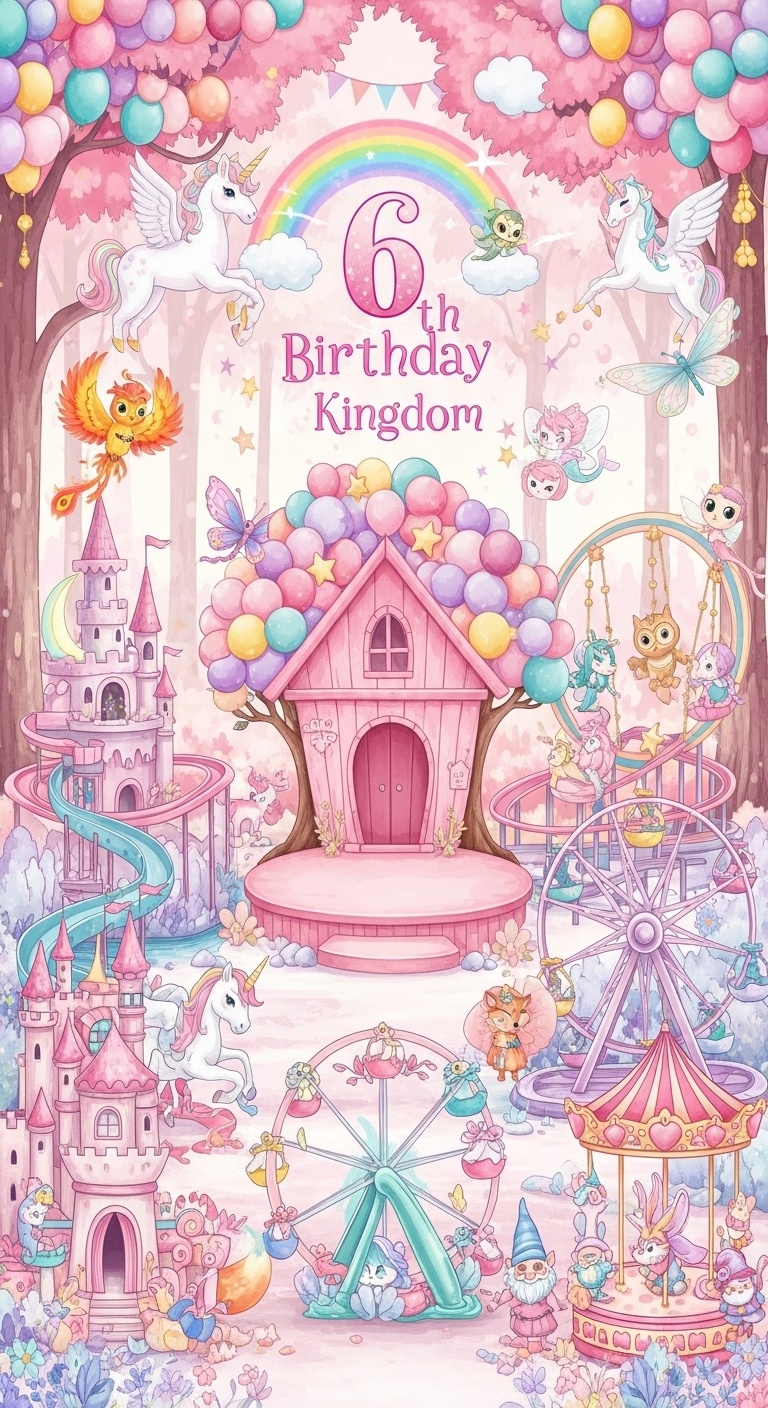 luxury girls birthday photo wall featuring Pink Dragon River Rapids Crystal Butterfly Ferris Wheel and Magic Flower Treehouse Climb surrounded by interactive fantasy rides