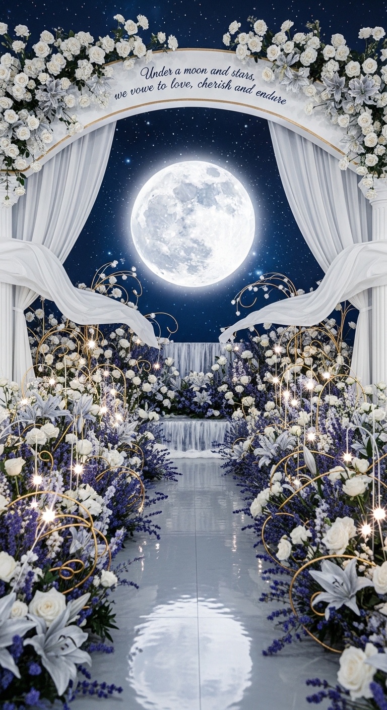 Luxury floral arrangements with white roses and silver lilies, surrounded by golden vines, set against a backdrop of cascading water and starry lights. This magical garden setup is perfect for a celestial moonlit wedding.