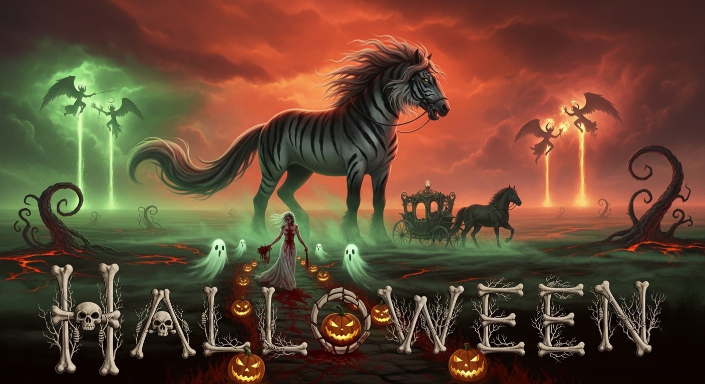 Mythical Underworld Wedding Poster – Spectral Carriage and Bo-Horse Backdrop for Halloween Ceremony
