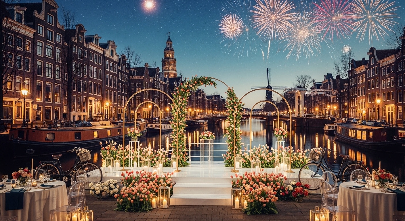 New Year Fireworks and Winter Café Wedding Scene in Amsterdam