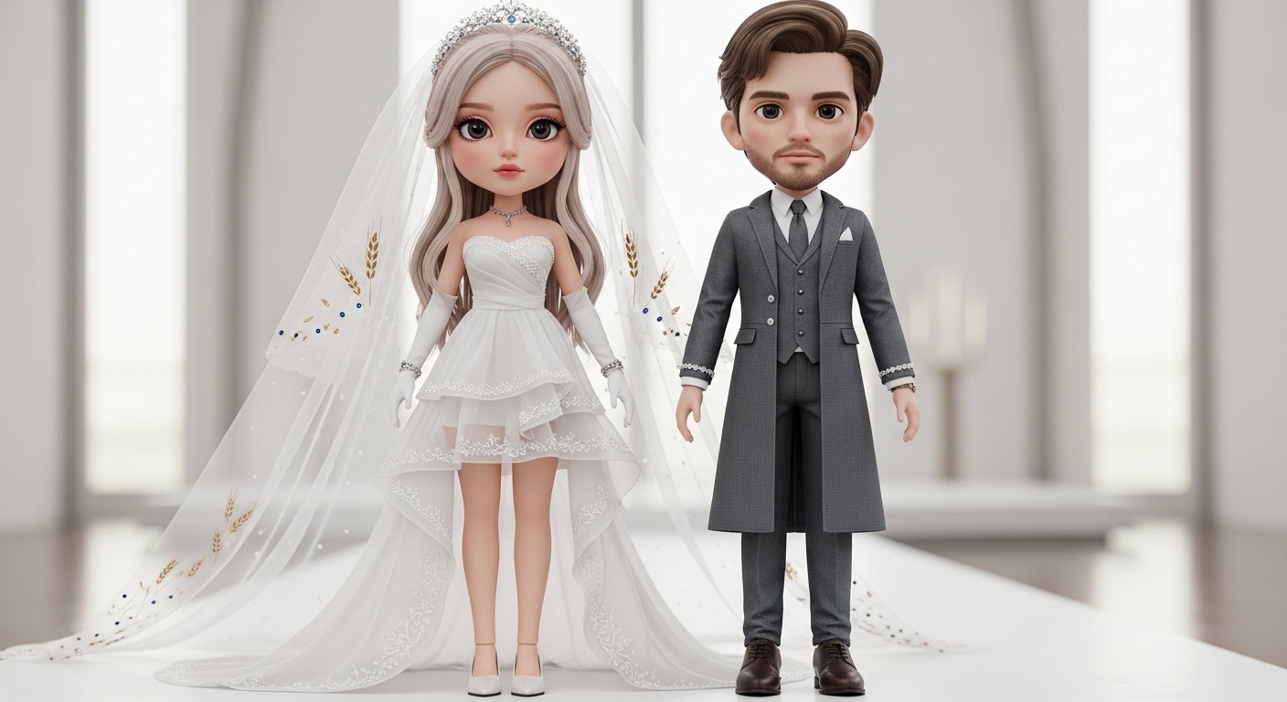 Nordic chapel setting with soft sunlight filtering on chibi bride and groom dolls; semi-transparent layers reflect delicate shadows; sapphire accents subtly glimmer