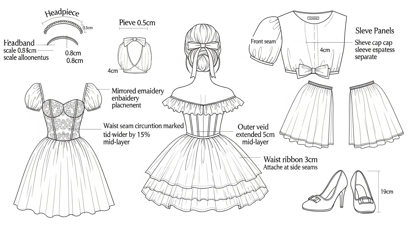 Overhead perspective revealing balanced decor placement around the doll centerpiece within a French garden wedding inspiration layout Blueprint Prompt