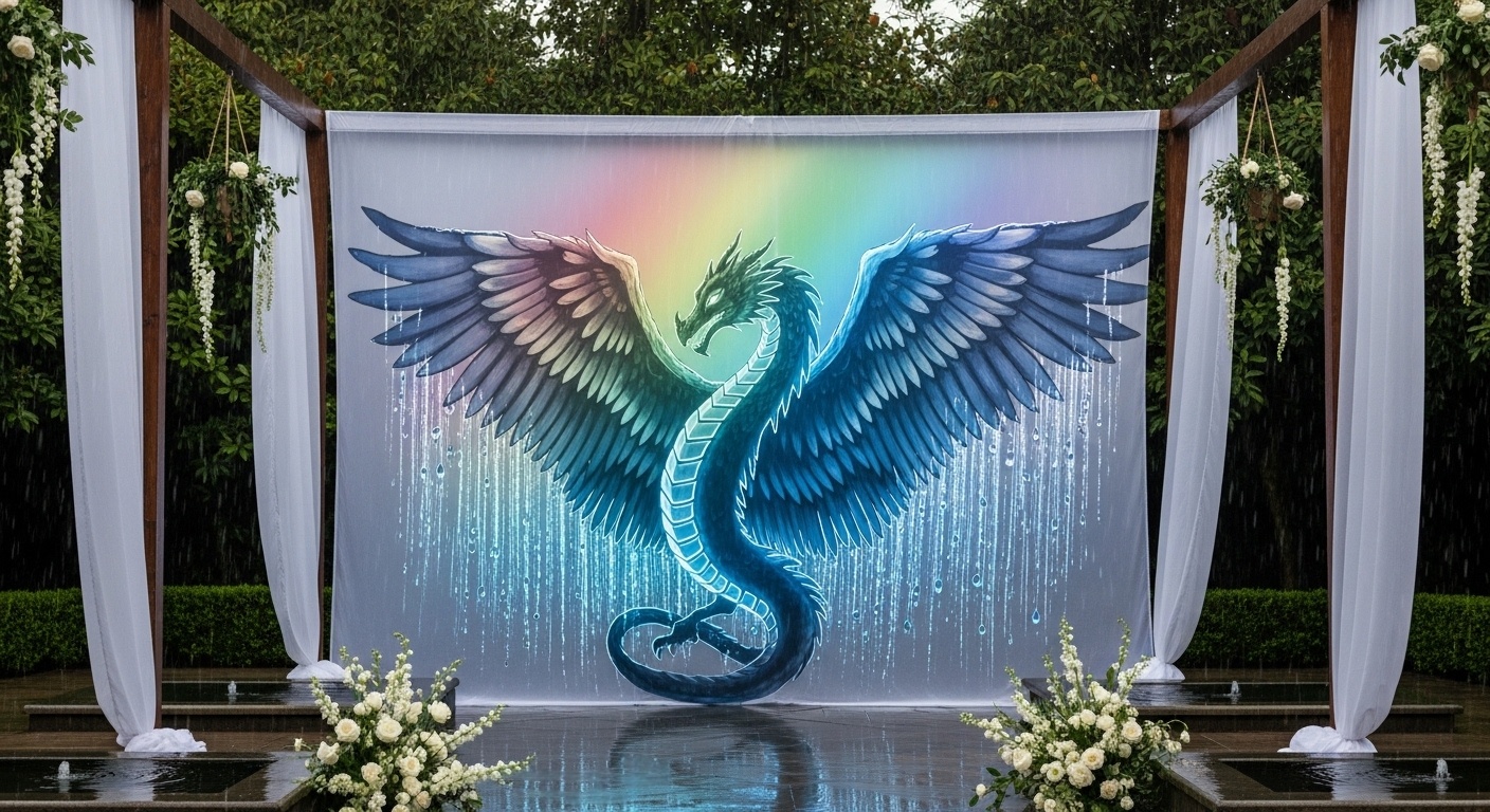 Rain Dragon Boho Wedding Backdrop – Outdoor Garden Ceremony for Symbolic Renewal