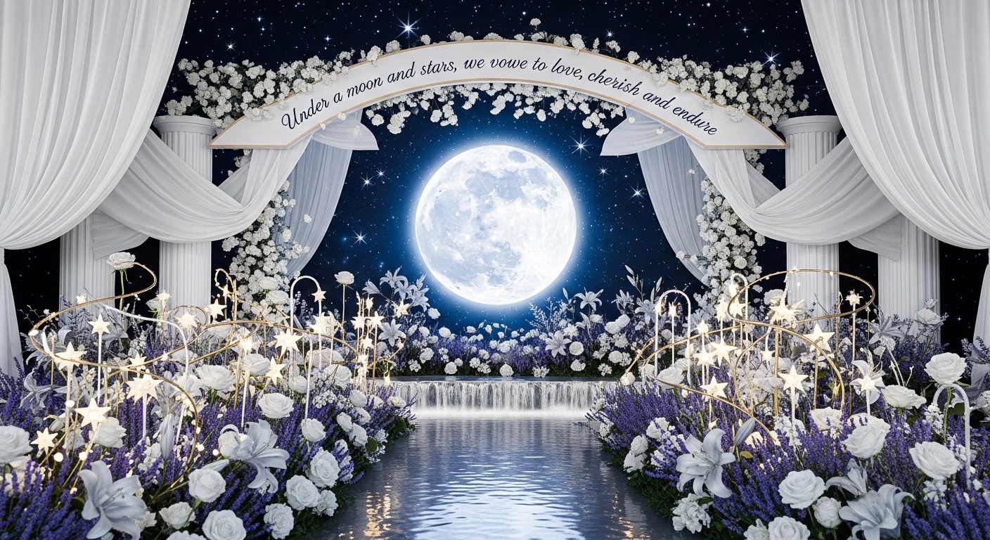 A serene wedding backdrop with a glowing moon, surrounded by a luxury water feature and starry floral walls, creating an otherworldly ambiance for a romantic garden wedding