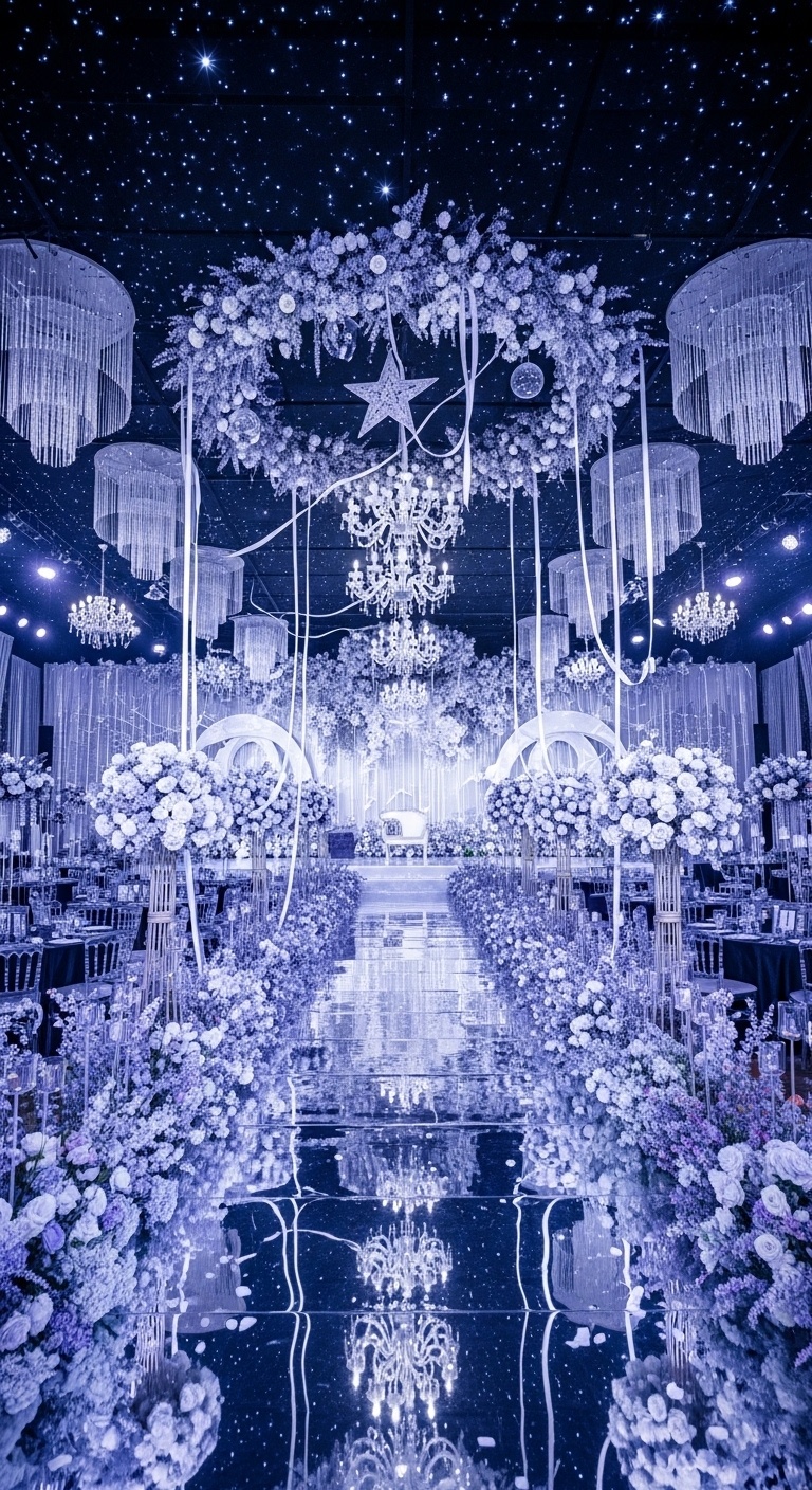 Central aisle flanked by silver floral towers, soft blue and lavender lighting, ceremonial stage with suspended star wreath, immersive backdrop for romantic wedding photos