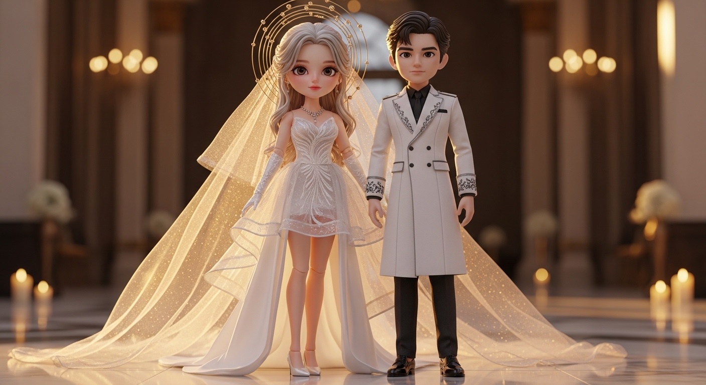 Romantic bridal doll wearing a flowing semi-transparent gown with raised embroidery and delicate crown arcs, groom standing beside her in tailored ceremonial coat under glowing chandelier light