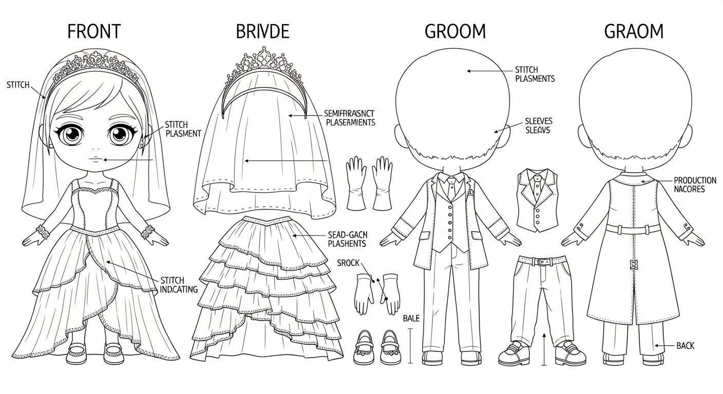Romantic composition of chibi dolls mid-stage, veil gently floating, ambient natural light creating soft reflective highlights Blueprint Technical