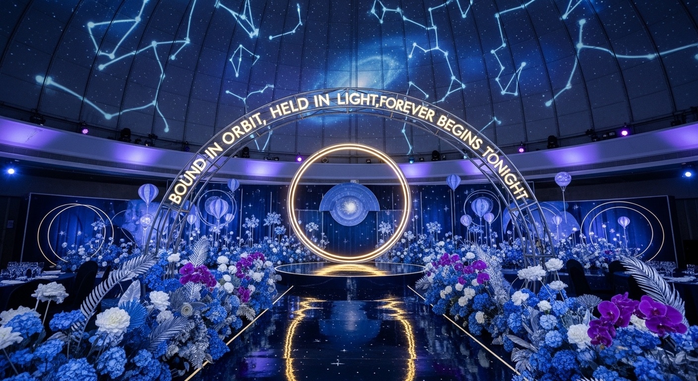 Romantic evening wedding background with cosmic silver ring installation, violet gradient lighting, and reflective galaxy aisle flooring