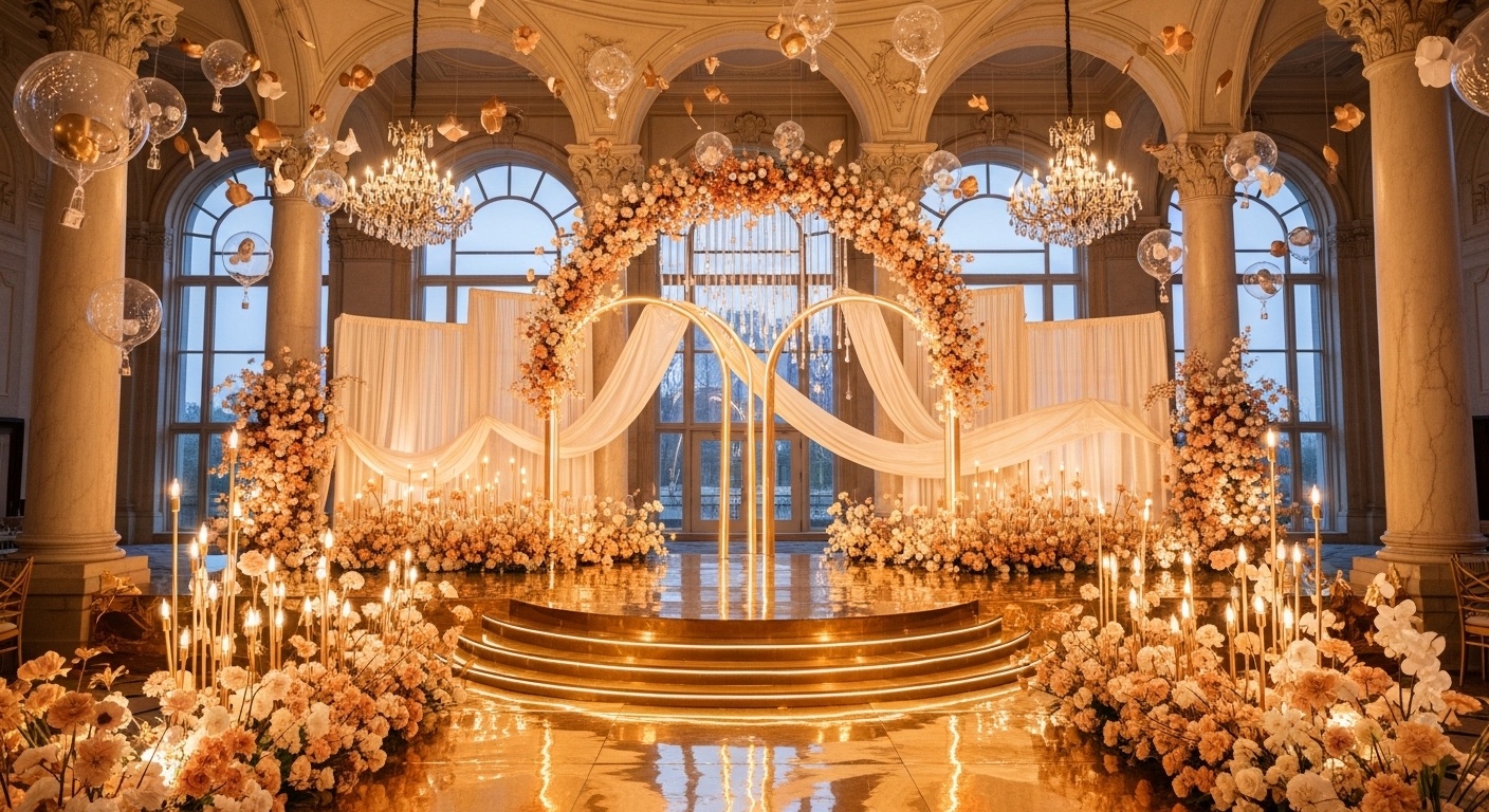 Romantic luxury ballroom wedding background with amber roses, peach dahlias, floating floral halo installations, warm sunset lighting, and towering marble columns creating an opulent ceremony photo wall