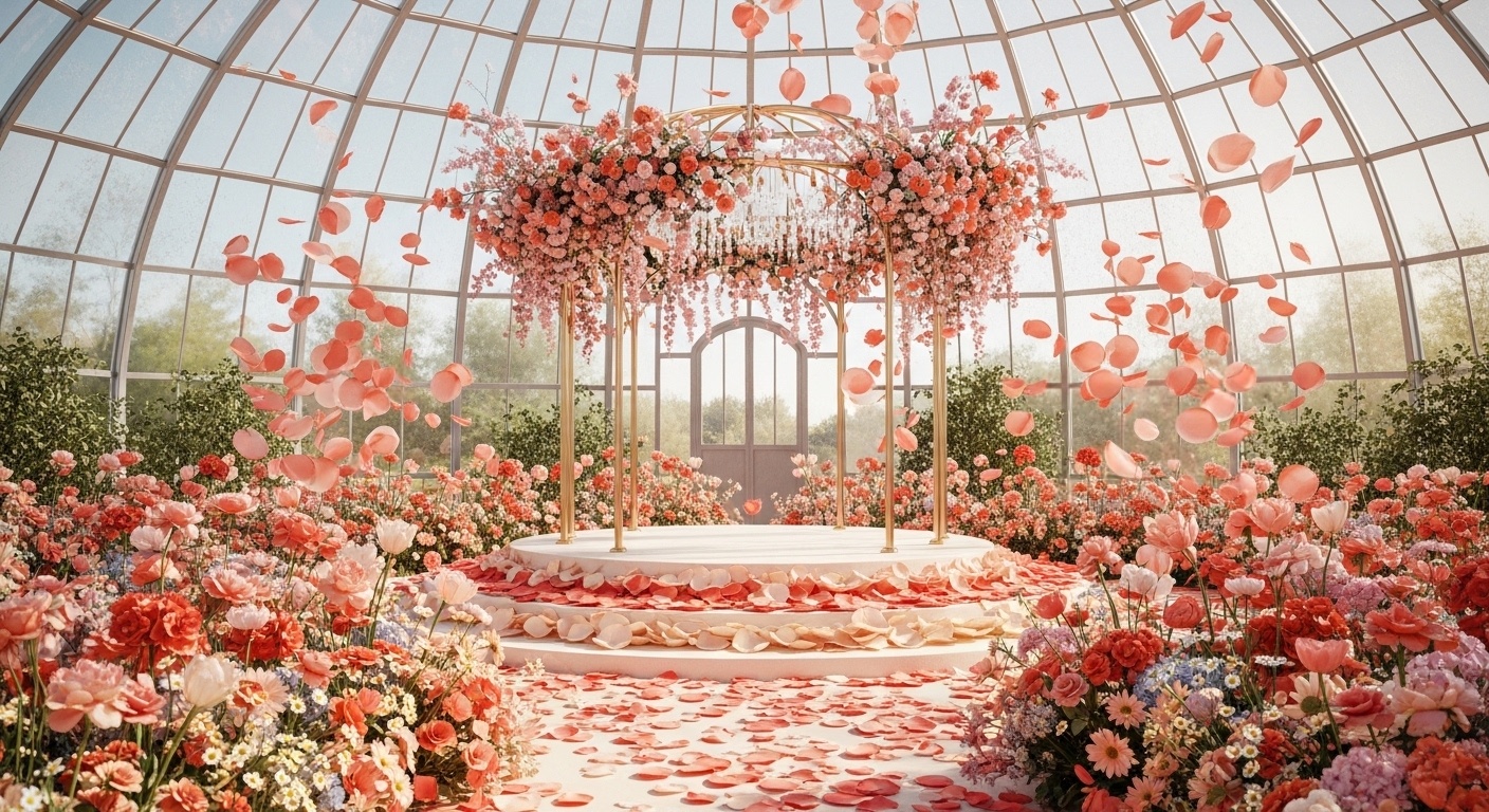 Romantic spring wedding ceremony scene featuring circular petal platform, blooming coral floral arch, and lush botanical garden setting