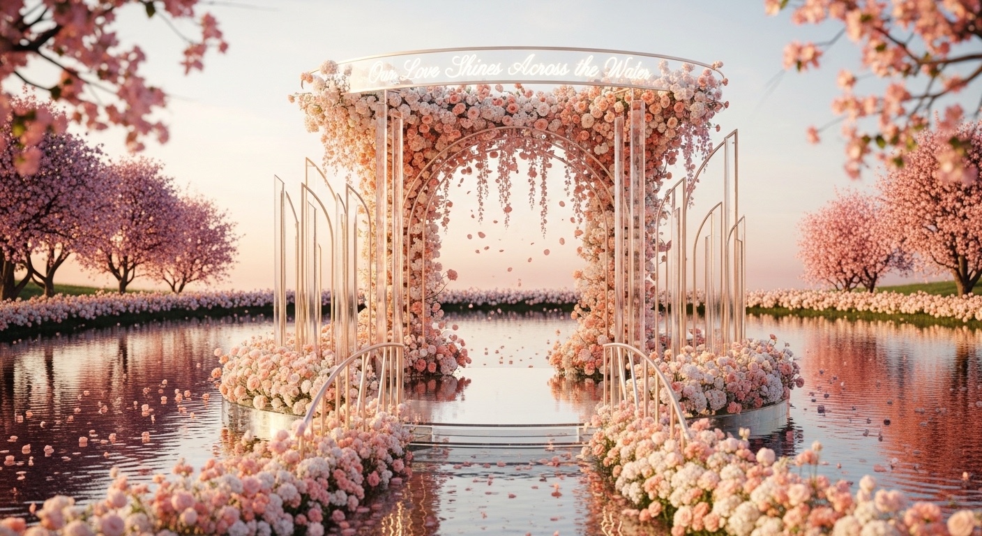 Romantic waterfront wedding inspiration featuring crystal peach ceremony island, floral bridge entrance, peach roses and cream peonies arch under warm sunset lighting