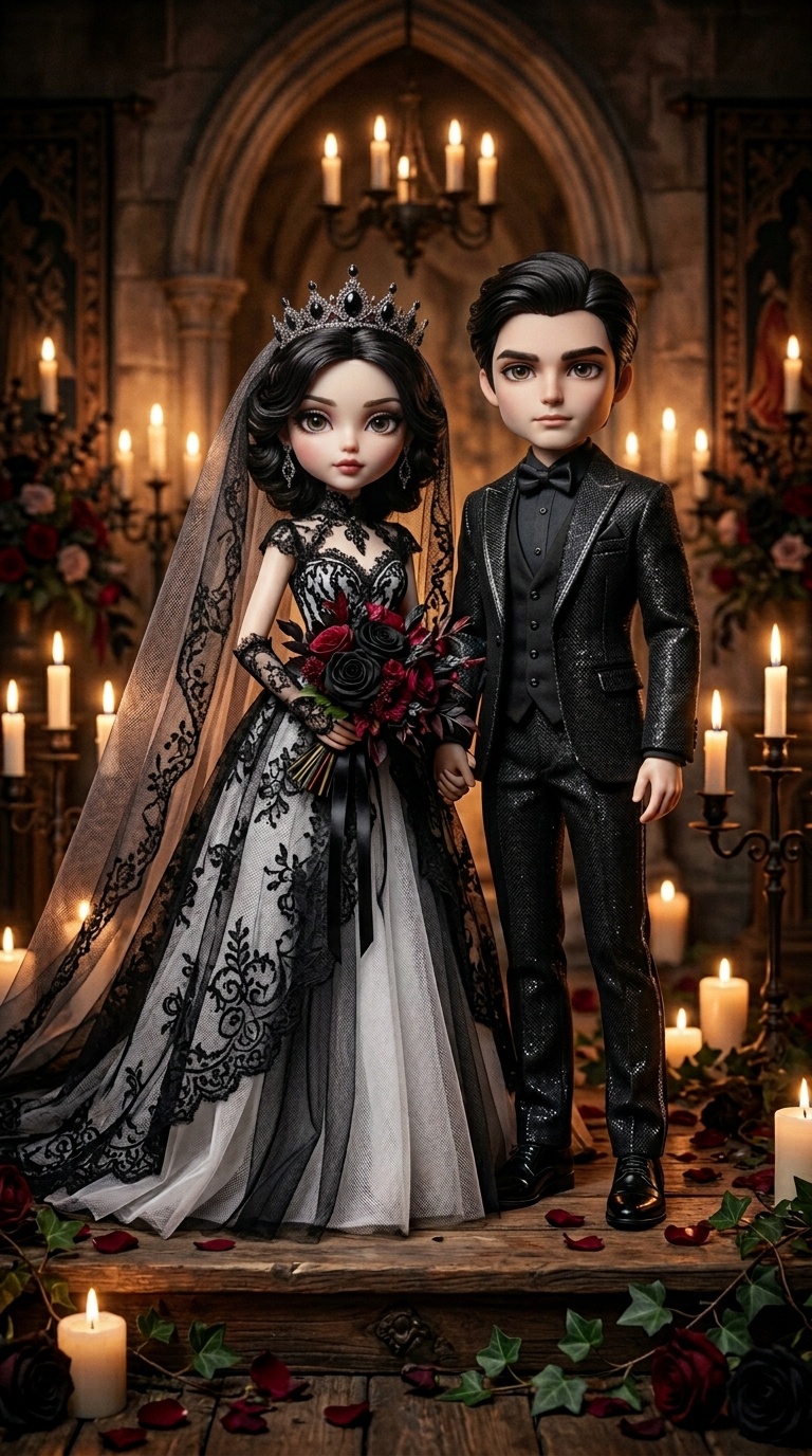 Scorpio bride doll with black-and-white lace gown, floating veil, dark red bouquet, standing in candlelit gothic chapel