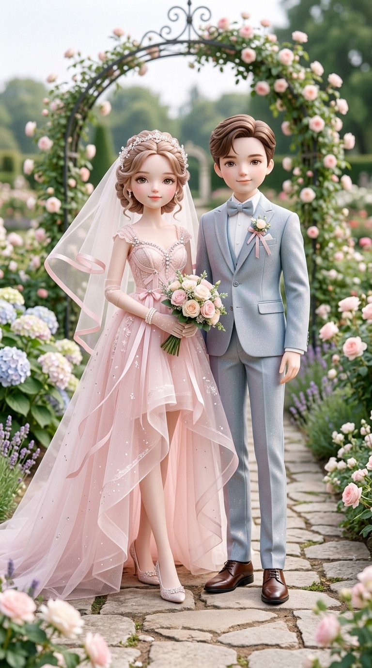 Semi-transparent gown layers catching morning light, symmetrical ribbons, groom standing with subtle elegance, pastel backdrop