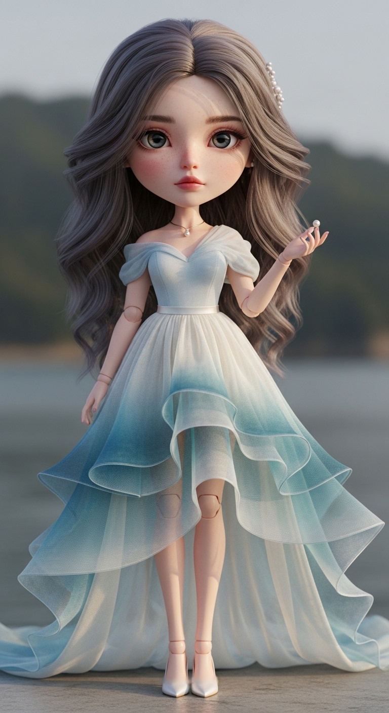 Soft golden daylight falls over a slender 3D Chibi Pisces bride doll with ocean‑gradient wave skirt, delicate pearl accents, and long elegant legs, resting against a misty coastal backdrop