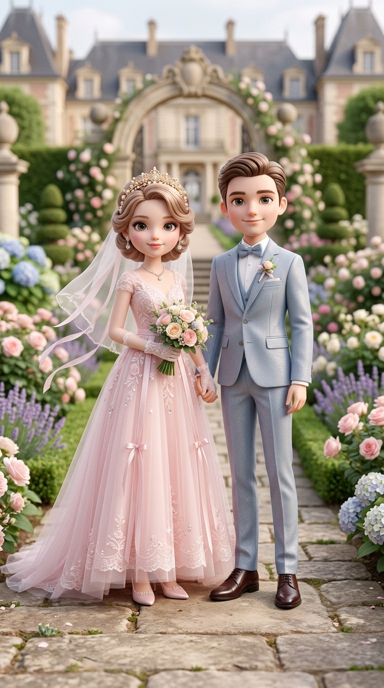 Soft pink chibi bride and groom dolls in French garden, sunlight filtered through rose trees, gentle ribbon movement