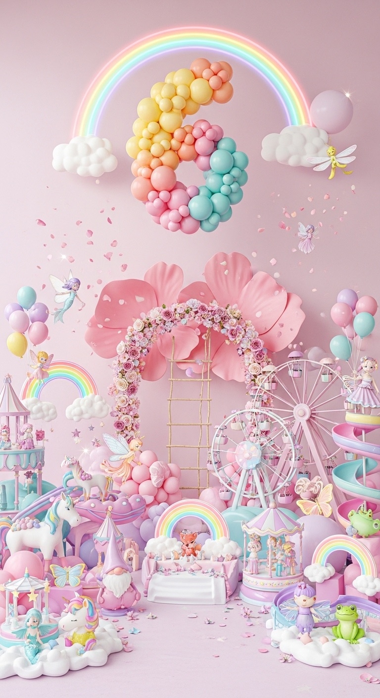 luxury girls birthday photo wall featuring Giant Butterfly Spiral Slide Flower Fairy Treehouse Climb Magic Candy Castle Maze with interactive fantasy rides