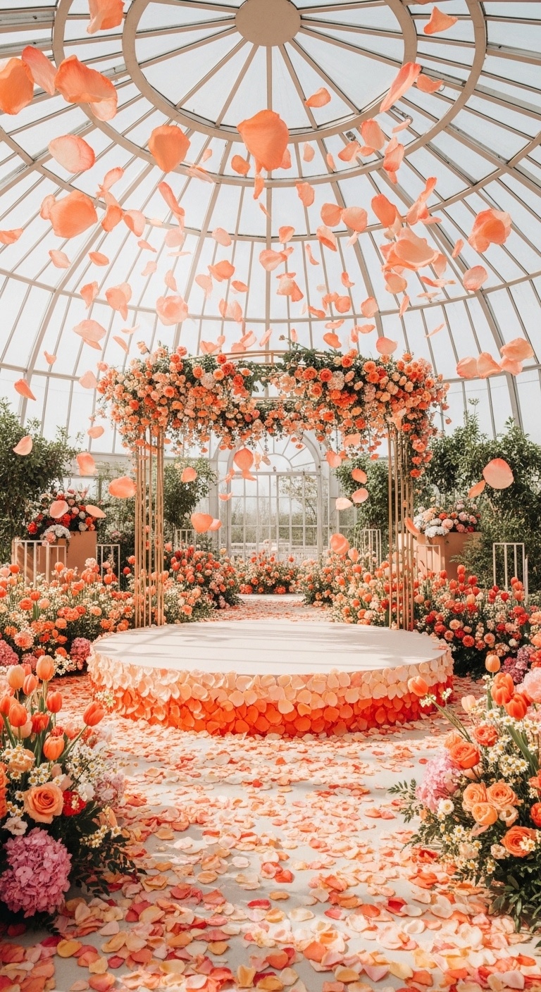 Spring garden wedding inspiration with coral roses, buttercream peonies, floral sculptures, and champagne metal arch under warm natural sunlight