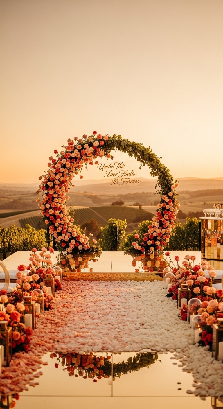 Starlit vineyard terrace featuring floating glass spheres, lanterns reflecting on mirror water stage, warm amber tones casting gentle glows.