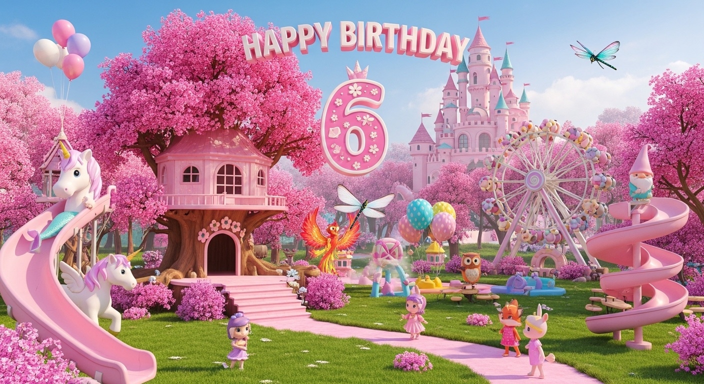 luxury girls birthday photo wall featuring Giant Butterfly Spiral Slide Pixie Star Treehouse Climb Magic Candy Castle Maze surrounded by interactive fantasy rides