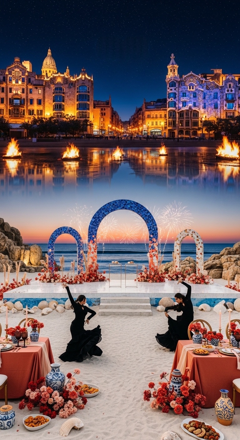 Sunset Tables and Flamenco Dancers Inspired Wedding Backdrop in Barcelona