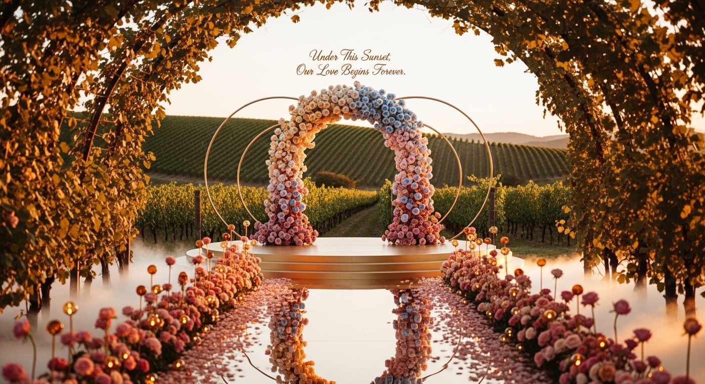 Sunset vineyard terrace with towering rose arch, glowing amber spheres, and a shallow reflective stage catching the warm sky
