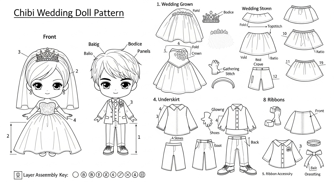 Table display of chibi dolls with soft pink ribbons, pastel floral arrangement, balanced visual harmony Blueprint Technical