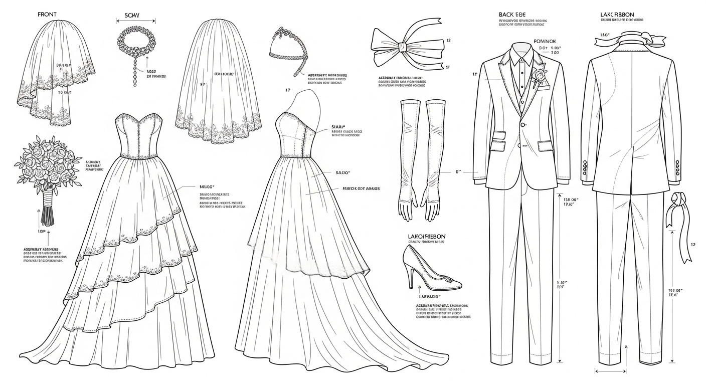 Table display with dual dolls, symmetrical placement, rich shadow-play, dramatic romantic tone Blueprint Technical
