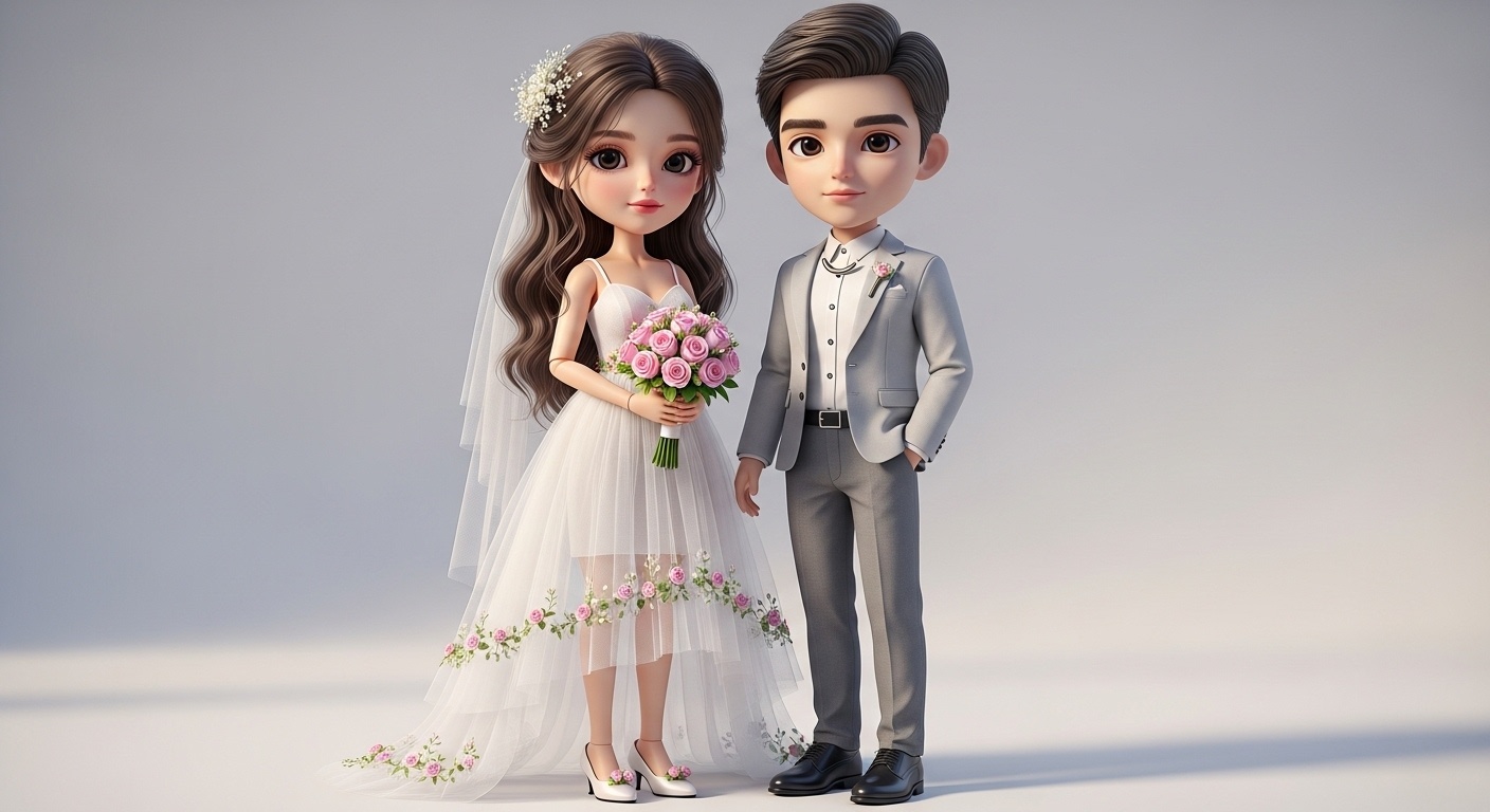 Warm gentle lighting enhances the soft textures of the bride’s floral-embroidered gown and the groom’s minimalist suit, creating a tender, loyal, and deeply romantic wedding display